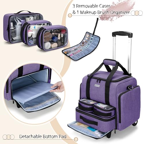 BAFASO Rolling Makeup Case with 3 Removable Pouches and 1 Makeup Brush Bag, Professional Makeup Train Case Cosmetic Bag with Detachable Dolly (Patented), Purple