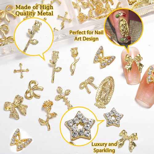 96PCS 3D Nail Charms - Gold Alloy Bow, Rose,Butterfly,Cross,Star,Virgin Mary & Coin Charms, Shiny Nail Rhinestones for Nail Art, Manicure, DIY Jewelry Making£¨96pcs£©