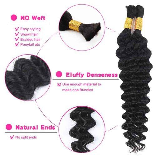 Selina 2 Bundles Deep Wave Human Braiding Hair 50g/Bundle for Boho Braids Human Curly Boho Hair 10A Deep Wave Bulk Bohemian Natural Color 28 Inch