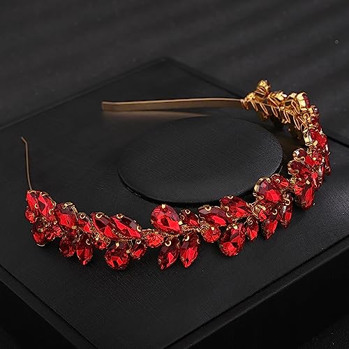 Teyglen Crystal Wedding Crown Bridal Red Rhinestone Tiara Headband Full Blue Black Pink Pieces Handmade Rhinestone Headpieces Hair Accessories for Women Party Prom Birthday (Red)