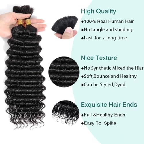 Human Braiding Hair for Boho Braids Deep Wave Bulk Human Hair Brazilian Virgin Curly Human Hair Extension Wet and Wavy Micro Human hair Braiding Hair 2 Bundles/Pack 100g(Natural Black,26inch)