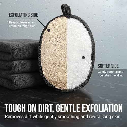 Loofah Body Scrubber for Men ? Body Wash & Scrubbing Luffa, Rugged Yet Gentle Lufas for Smoother & Healthier Skin, Terry Cloth Pad for Manly Skin Care, Black & White Masculine Design Loufas Sponge