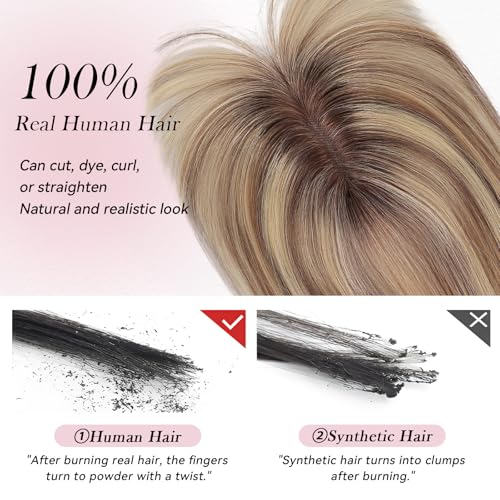 EMMOR 10 Inch Real Human Hair Topper for Women - Upgrade Swiss Lace Base with 3 Non-Slip Clips, 4.5" x 3" Clip in Bangs for Thinning Hair & Natural Hair Loss Coverage(Ombre Blonde & Brown Highlight)