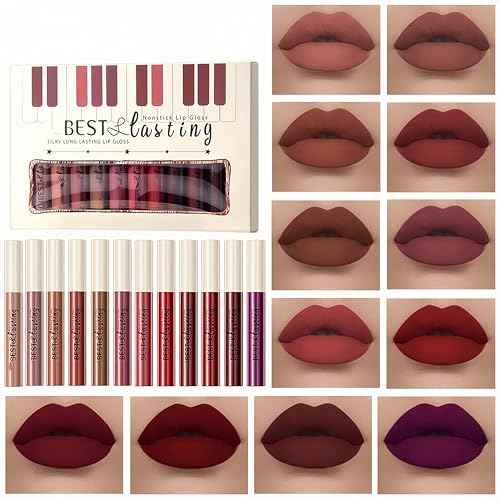 12PCS Matte Liquid Lipstick Set Non-Stick Cup and Not Fade Pigmented Lipstick Long-Lasting Waterproof Velvet Lipgloss Kit Makeup for Girls and Women (Set 01)