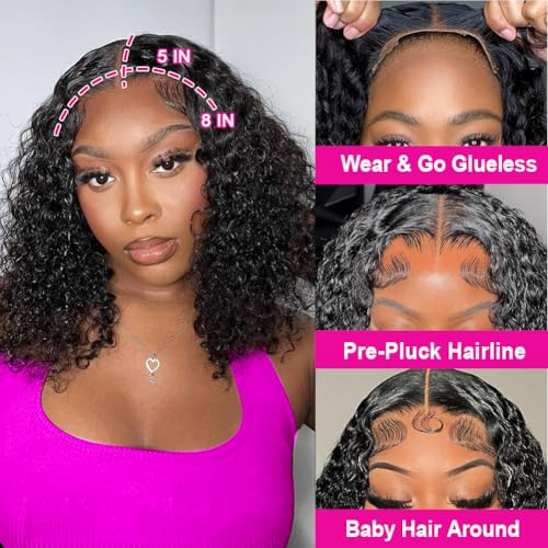 5x8 Bob Wig Human Hair Glueless Wigs Human Hair Pre Plucked Pre Cut Deep Wave HD Lace Closure Wigs Human Hair 210% Density Wear And Go Glueless Wig (16inch)