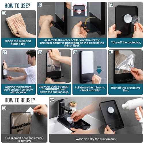 TAILI Shower Mirror Fogless Suction, Shaving Mirror with Razor Holder, Fog Free with Storage Tray, Rust-Proof, Shatterproof, Removable, Bathroom & Shower Accessories, Black