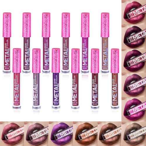 PhantomSky 12PCS Long Lasting Metallic Glitter Liquid Lipstick Collection, Shimmer Waterproof Lip Stick Set Pigmented Lip Makeup for Women and Girls
