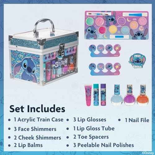 Stitch Train Case Beauty Set, Kids Makeup Kit for Girls, Real Washable Makeup Set, Play Makeup, Party Favor, Birthday, Ages 3 4 5 6 7 8 9 10 11 12 by Townley Girl