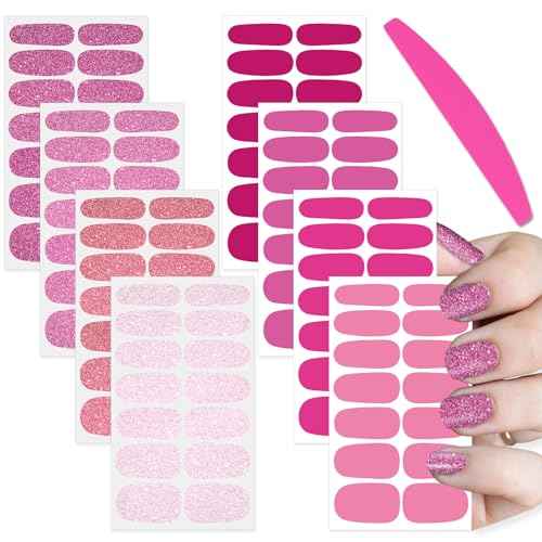 SILPECWEE 8 Sheets Nail Stickers Full Nail Wraps (Pink Solid & Glitter), Self Adhesive Nail Polish Strips, Gel Strips Design Fingernail Sticker Nails for Women with File