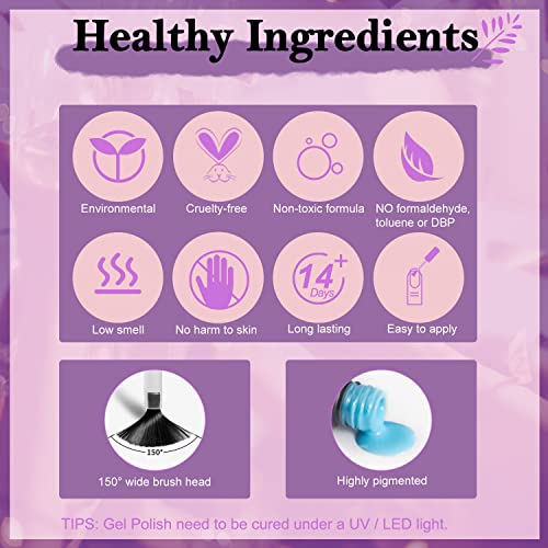 Lavender Violets 30 Pcs Gel Nail Polish Set, 27 Colors Purple Blue Brown Red with Glitter Glossy Matte Gel Base and Top Coat Set for Nail Art C975