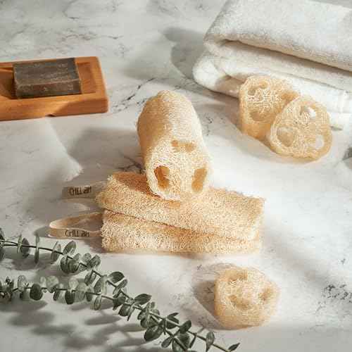 Chill Ah Natural Loofah Sponge Set ? 100% Plant-Based, Dye-Free, Biodegradable Bath Exfoliator for Glowing Skin ? Handcrafted in Vietnam (4-Pack)