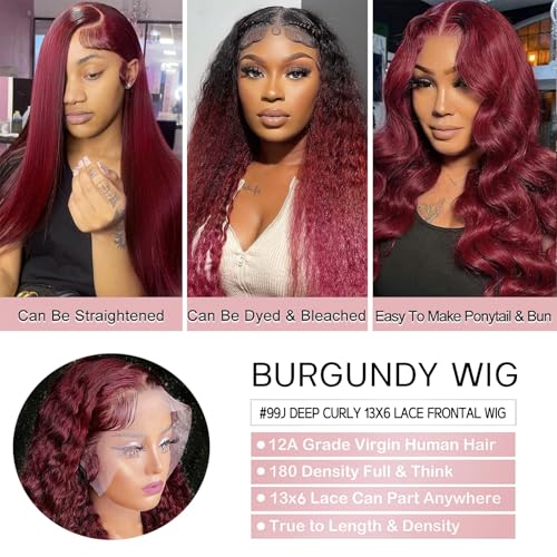 28 Inch 13x6 99j Burgundy Lace Front Wigs Human Hair Wigs For Women 180% Density 99J HD Deep Wave Lace Frontal Wigs Curly Wine Burgundy Wig Pre Plucked With Baby Hair
