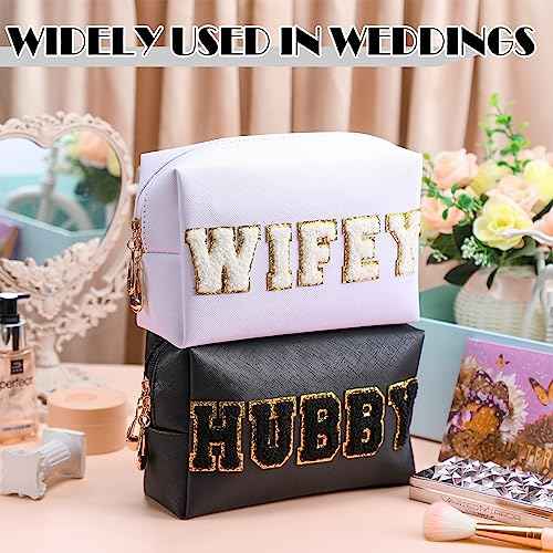 Pinkunn 2 Pcs Wifey Hubby Makeup Bag Bride Patch Cosmetic Bag Mrs Travel Toiletry Purse White Letter PU Leather Waterproof Pouch Wedding Bridal Shower Honeymoon Gift for Women Party Organizer