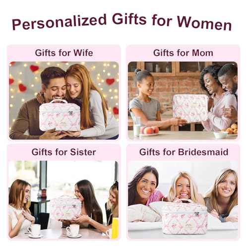 3Pcs Cotton Quilted Makeup Bag Large Travel Cosmetic Bag Coquette Makeup Pouch Cute Aesthetic Floral Toiletry Bag for Women Girls (flower-R)