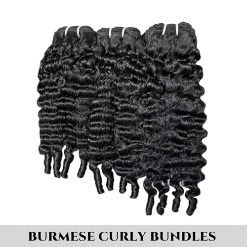 Burmese Curly Bundles Human Hair 14 16 18 Inch 12A Grade 100% Unprocessed Brazilian Virgin Hair Weave with Spriral End 3c4a Quick Weave Real Human Hair Extensions For Black Women Natural Black