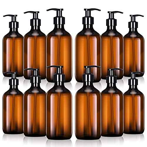 Tessco for you 12 Pack Amber Soap Dispenser Empty Plastic Pump Bottles Dispenser Refillable Shampoo for Hand Sanitizer Soap Cosmetic Lotion Body Wash Conditioner Bathroom Kitchen Travel (16.9 Oz)