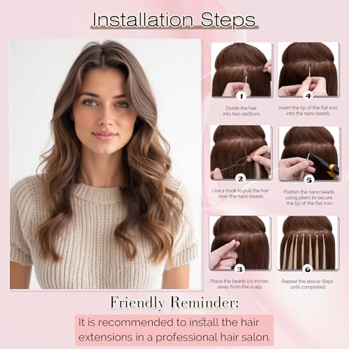 SEGO Nano Bead Hair Extensions Human Hair, 1g/s 50g/pack 22 Inch Nano Ring Hair Extensions, Highlight, Add Volume and Length, Nano Tip Hair Extensions for Women Medium Brown