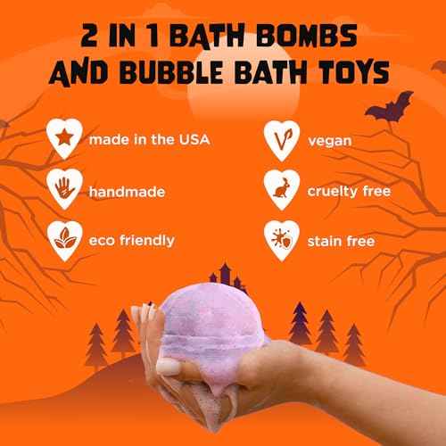 Halloween Bath Bombs for Kids with Surprise Halloween Toys Inside (6 Pack) - Large Pumpkin Bath Bombs for Kids, Boys, Girls & Teens ? Spooky Boo Basket Stuffers for Kids - Made in USA by Two Sisters