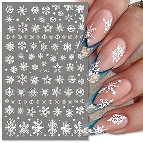 8 Sheets 3D Snowflake Nail Art Stickers Christmas Nail Decals Self-Adhesive White Glitter Snowflake Nail Stickers Reindeer Snowflakes Nail Design Winter Xmas Nail Decoration for Women Girls
