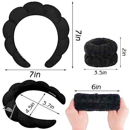 Zkptops Spa Headband for Washing Face Wristband Sponge Makeup Skincare Headband Terry Cloth Bubble Soft Get Ready Hairband for Women Girl Puffy Padded Headwear Non Slip Thick Hair Accessory(Black)