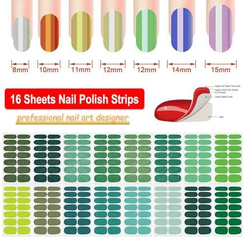 DANNEASY 16 Sheets Green Nail Wraps for Women Full Nail Polish Stickers Fresh Color Self Adhesive Nail Polish Strips Glitter Nail Strips Gel Fingernail Sticker Nails with File, Cuticle Stick