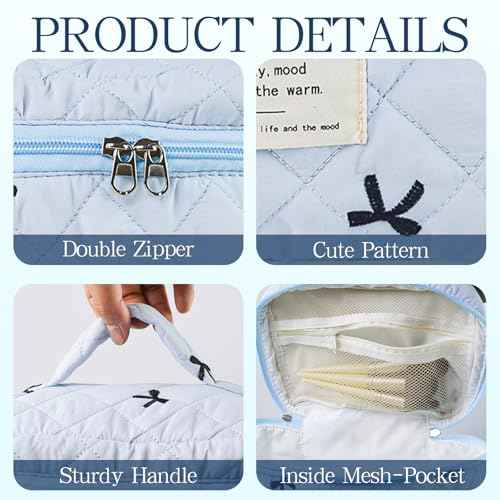 3Pcs Quilted Makeup Bag, Cute Floral Cotton Cosmetic Bag set, Coquette Bow Makeup Pouch Large Travel Toiletry Bag