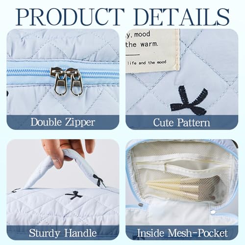 3Pcs Quilted Makeup Bag, Cute Floral Cotton Cosmetic Bag set, Coquette Bow Makeup Pouch Large Travel Toiletry Bag