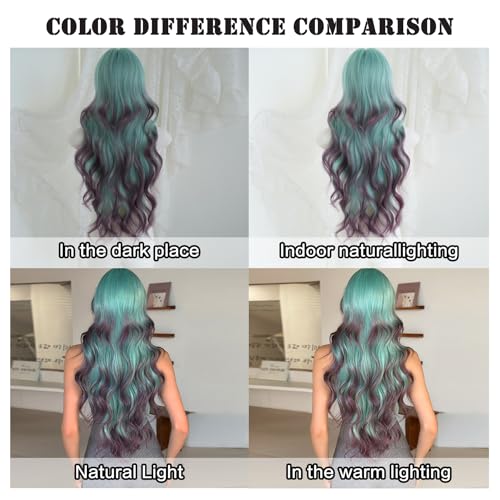 7JHH WIGS 31in Turquoise Long Wavy Bangs Purple Highlight Wigs Mixed Light Green Ombre Lavender Purple Heat Resistant Synthetic Fiber Women Wavy Curly Wigs for Christmas Daily Party Daily Used