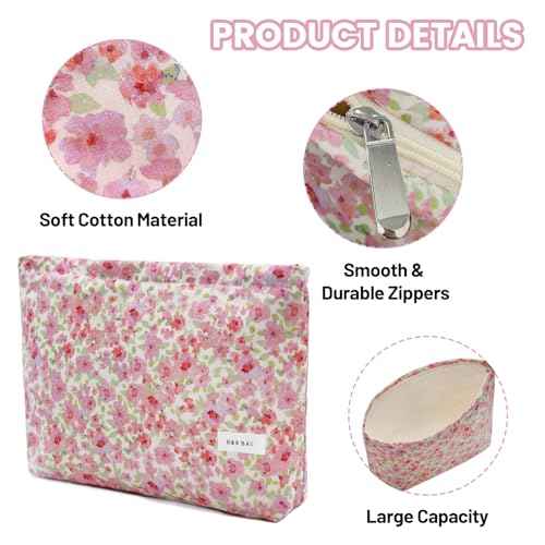 LJCZKA Aesthetic Floral Makeup Bag Cute Cotton Make up Pouch Large Flower Travel Toiletry Organizer Bag (Pink)