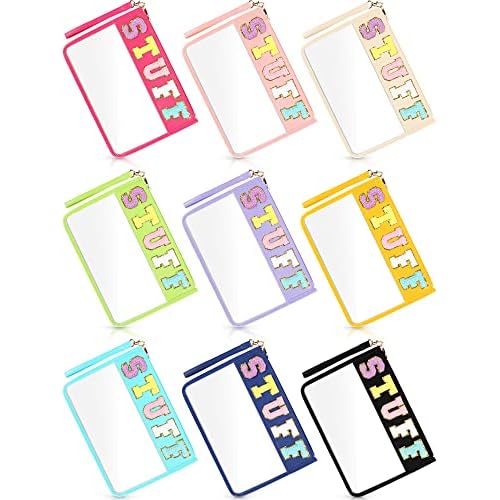 Nuanchu 9 Pcs Clear Chenille Letter Bag Stuff Pouch PVC Waterproof Preppy Cosmetic Makeup Bag Snack Travel Beach Pouch with Wrist let for Teen Women Gifts Operation Christmas Gifts Items
