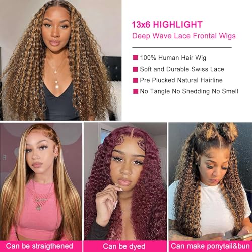 22 Inch Highlight Ombre Deep Wave Honey Blonde Lace Front Wigs Human Hair Pre Plucked 13X6 Transparent HD Lace Front Wigs Human Hair for Women 180% Density Curly Wig Blonde Wig