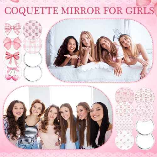 12 Pcs Coquette Aesthetic Compact Mirror Bulk Bow Travel Makeup Pocket Purse Mini Mirror for Women Wedding Bridal Shower Birthday Breast Cancer Coquette Party Favor (Cute Style,Pink)