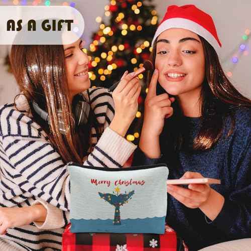 Merry Christmas Whale Beach Makeup Bag, Christmas Ocean Whale Tail Cosmetic Bags for Women, Beach Lover Gifts, Xmas Sea Animal Holiday Zipper Makeup Pouch Travel Toiletry Bag
