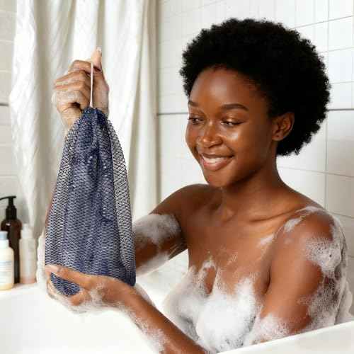 African Net Sponge Authentic with Handles (Set of 2), African Exfoliating Net Sponge, Exfoliating Body Scrubber Bath Sponge - Bathing Accessories with Storage Bag (Blue & Black)