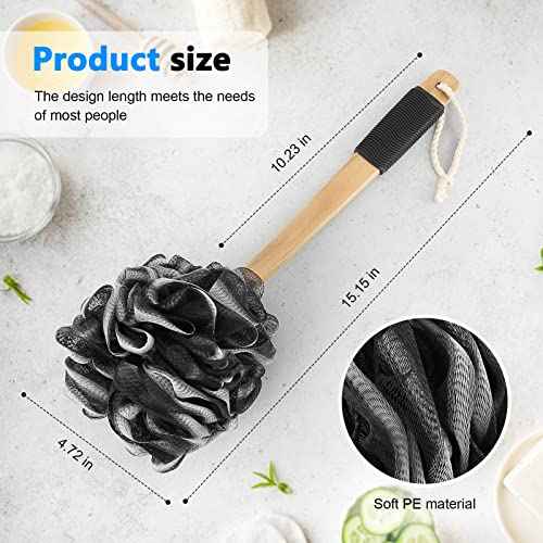 Black Loofah on a Stick PE Soft Mesh Luffa with Non-Slip Wooden Handle Made of Soft and Sturdy Rubber Material Back Scrubber for Shower for Women and Men with String for Easy Hanging