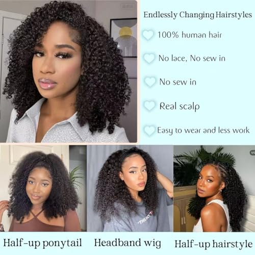 Kinky Curly Half Wig Human Hair Drawstring Seamless Flip Over Half Curly Wig Human Hair Invisible Hairline Glueless Wear and Go Wigs For Black Women Beginner Friendly 16Inch 200% Density