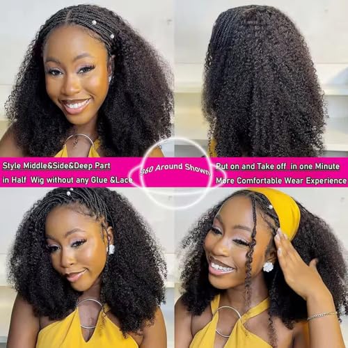 Half Wig Human Hair 200% Density 3 In 1 Seamless Flip Over headband wig human hair Glueless Wear and Go Beginner Friendly Kinky curly human hair wig Drawstring Headband Wig for Women 16inch