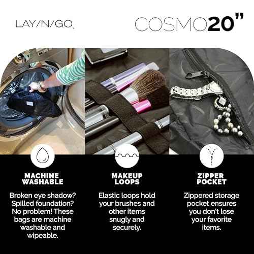 Lay-n-Go Cosmo Layflat Drawstring Cosmetic & Makeup Bag Organizer - Portable Drawstring Bag w/Zipper Pocket, Makeup Loops & More - Durable, Machine Washable Toiletry Bag for Travel (20", Black)