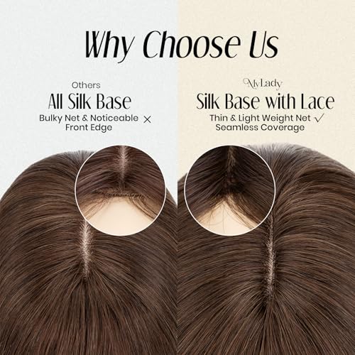 MY-LADY Human Hair Toppers for Women Real Human Hair with Bangs Thin 7 * 13CM Silk Base with Lace Clip in Straight Remy Hairpieces 150% Density 12 Inch Medium Brown