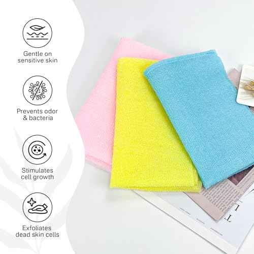 Yiclick Exfoliating Washcloth Towel [3 Pack], Japanese Exfoliating Wash Cloth, Korean Body Scrubber Exfoliator, Back Scrubber Washer for Shower Bath, Body Scrub African Net Sponge Loofah Luffa Colors