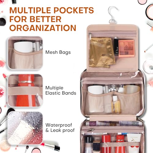 Hanging Toiletry Bag for Women Travel, 2 Sizes Large & Small Waterproof Cosmetic Organizer with 4 Compartments, Rotating Hook, Foldable Pink Travel Bag for Toiletries & Makeup - Medium Pink