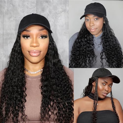Boho Box Braids Hat Wigs with Human Hair Curly Ends Grab-and-Go Boho Braided Hair Extensions with Baseball Cap for Women Natural Black