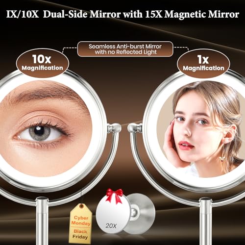 VESAUR 9.1" Large 5000mAh Rechargeable Lighted Makeup Mirror Nickel, 1X/10X/20X HD Magnifying with Compact Suction Mirror, 3 Color Dimmable Light, 360¡ÆSwivel Seamless Vanity Mirror, Gift Box