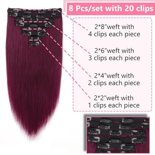 ShowJarlly Clip in Hair Extensions Real Human Hair 24 Inch Straight Clip Ins 8 Pcs Brazilian Remy Hair Extensions for Women #99J Burgundy 110g