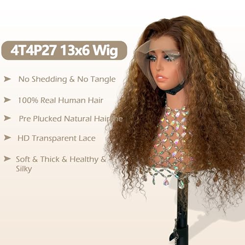 Honey Blonde Ombre Lace Front Wig Human Hair 13x5 Highlight Deep Wave Curly Wig 4/27 Colored HD Transparent Lace Front Wigs Human Hair Pre Plucked with Baby Hairs 180% Density 22 Inch
