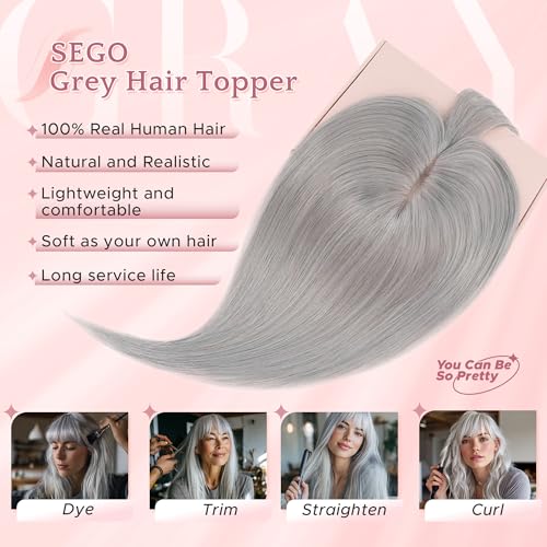 SEGO Grey Hair Toppers for Women Real Human Hair With Bangs, 7 * 13 CM Silk Base Clip In Topper Wiglet, Top Pieces for Women with Thinning Hair -6 Inch #G1 Silver Grey