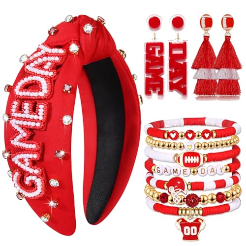 Game Day Headbands for Women Red Spirit Day Accessories Jeweled Football Headband Heishi Bracelets Game Day Tassel Earrings Football Mom Game Day Accessories Outfits Gifts