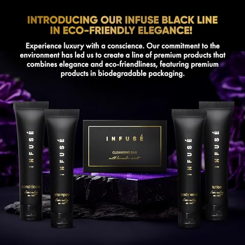Infuse Black Soaps & Toiletries Bulk Set | 1-Shoppe Amenities Kit for Hotels & Vacation Rentals | 1 oz Shampoo, Conditioner, Body Wash, Lotion, 1.25 oz Cleansing Bar | 75 Pieces