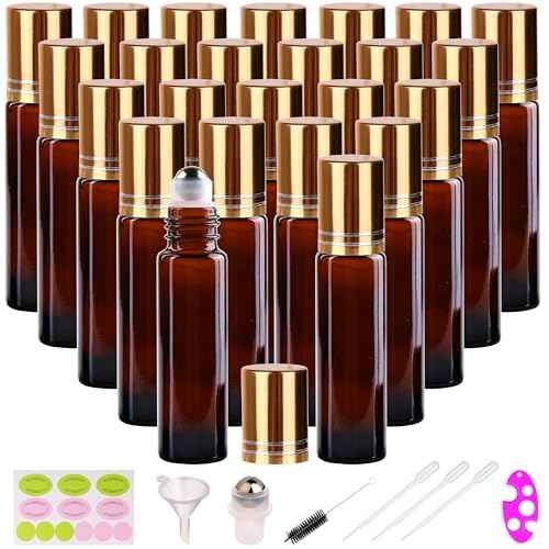 inice 24 Pack Roller Bottles for Essential Oils, Amber Galss 10ml Roll On Bottle with Stainless Steel Roller Balls and Metal Caps