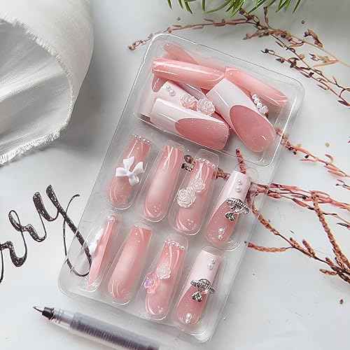 24 Pcs Long Square Press on Nails French Tip Fake Nails Full Cover 3D Rhinestone Acrylic False Nail Tips with Gems Sweet Pink Stick on Nails Long Artificial Nails for Women Manicure Decorations